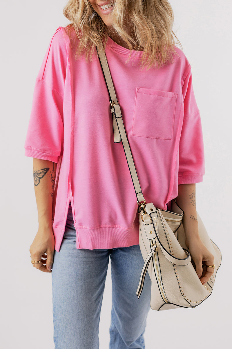 Slit Round Neck Half Sleeve T-Shirt