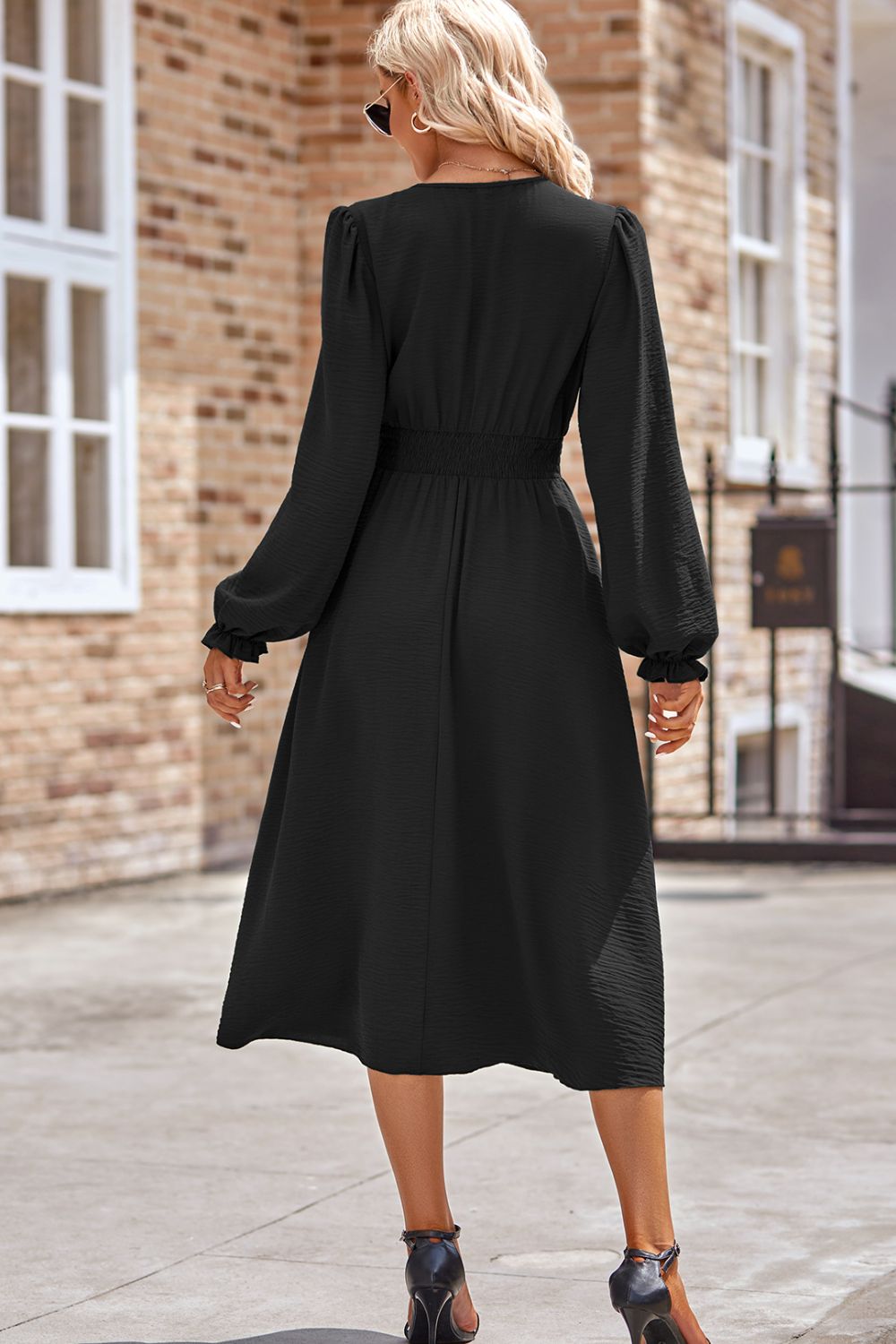 Smocked V-Neck Flounce Sleeve Midi Dress