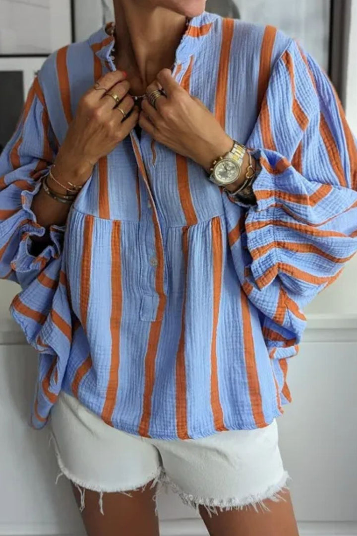 Striped Notched Three-Quarter Sleeve Blouse