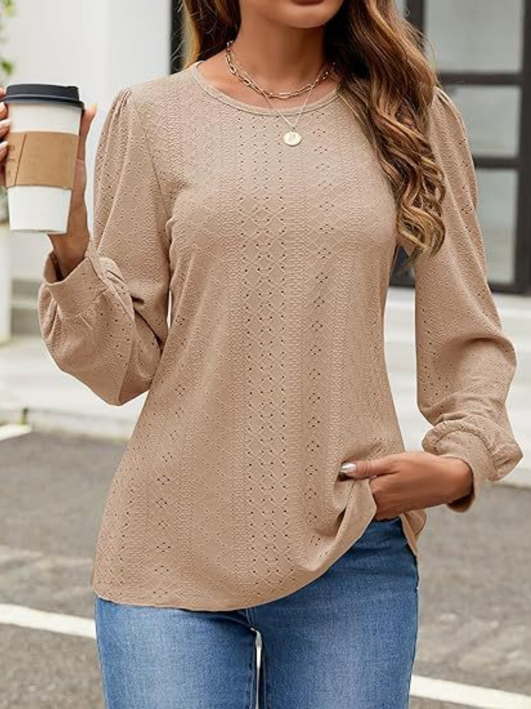 Eyelet Round Neck Long Sleeve Top