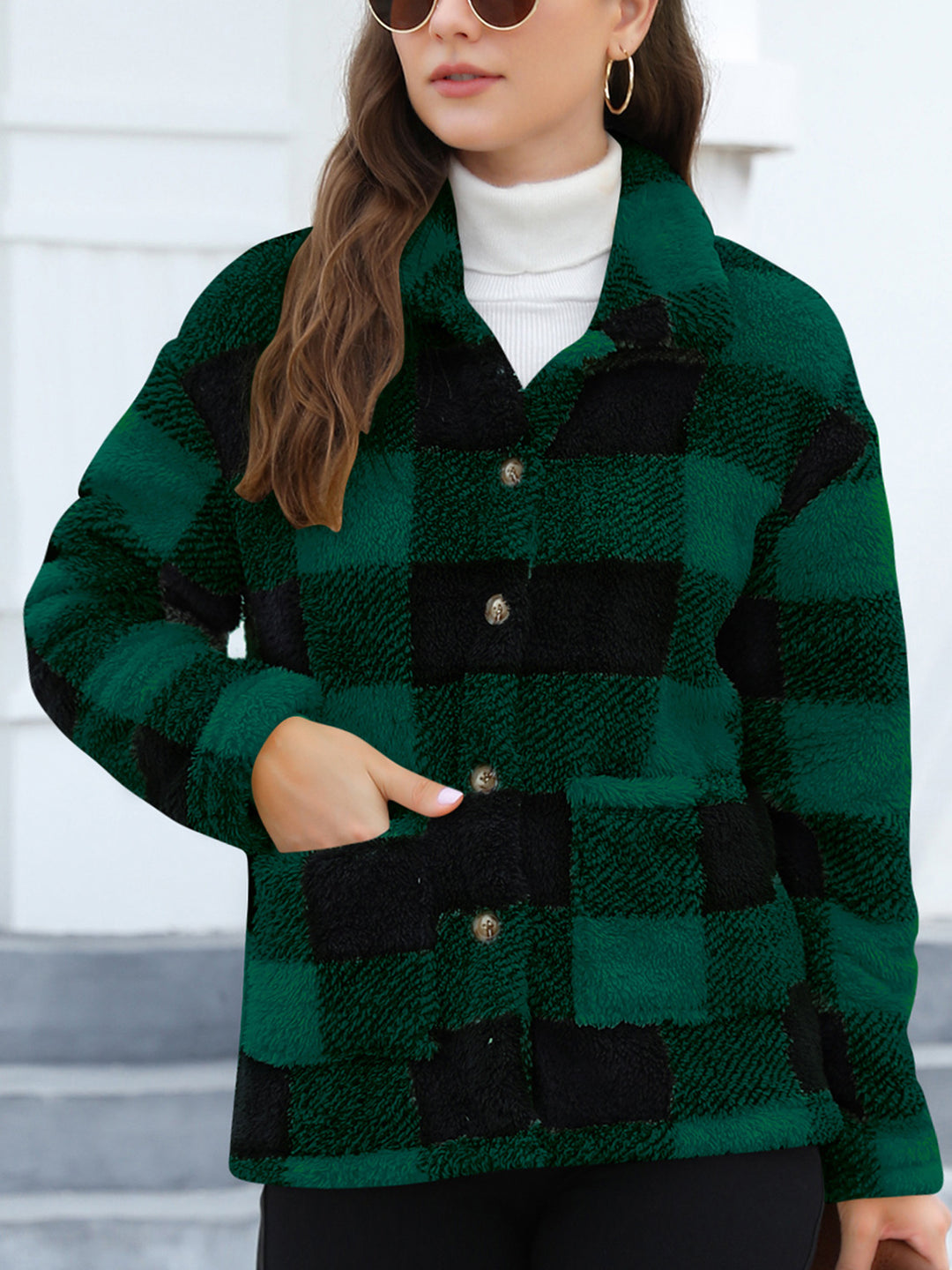 Button Up Drop Shoulder Fuzzy Jacket