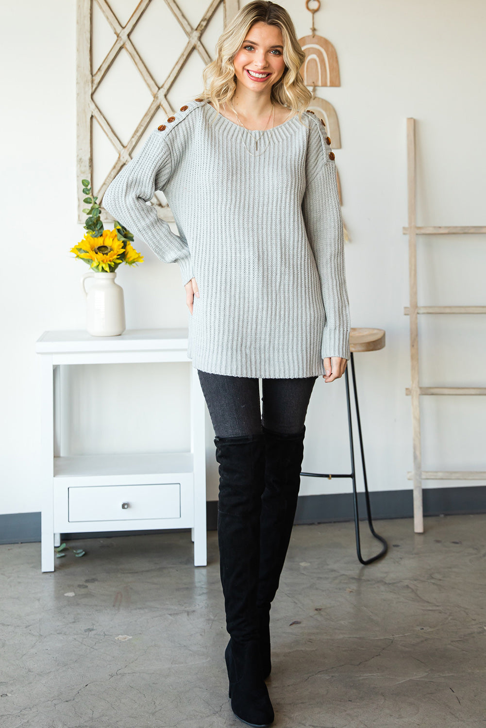 Side Slit Boat Neck Long Sleeve Sweater