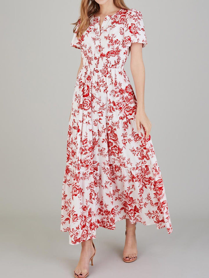 Tiered Floral Notched Short Sleeve Dress