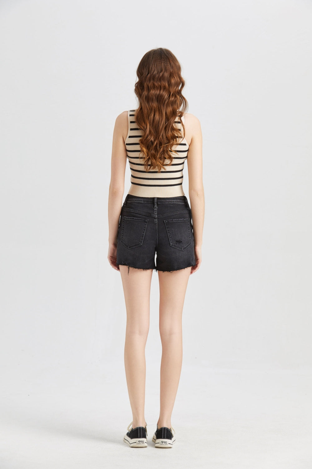 BAYEAS Stepped Waist Raw Hem Denim Shorts