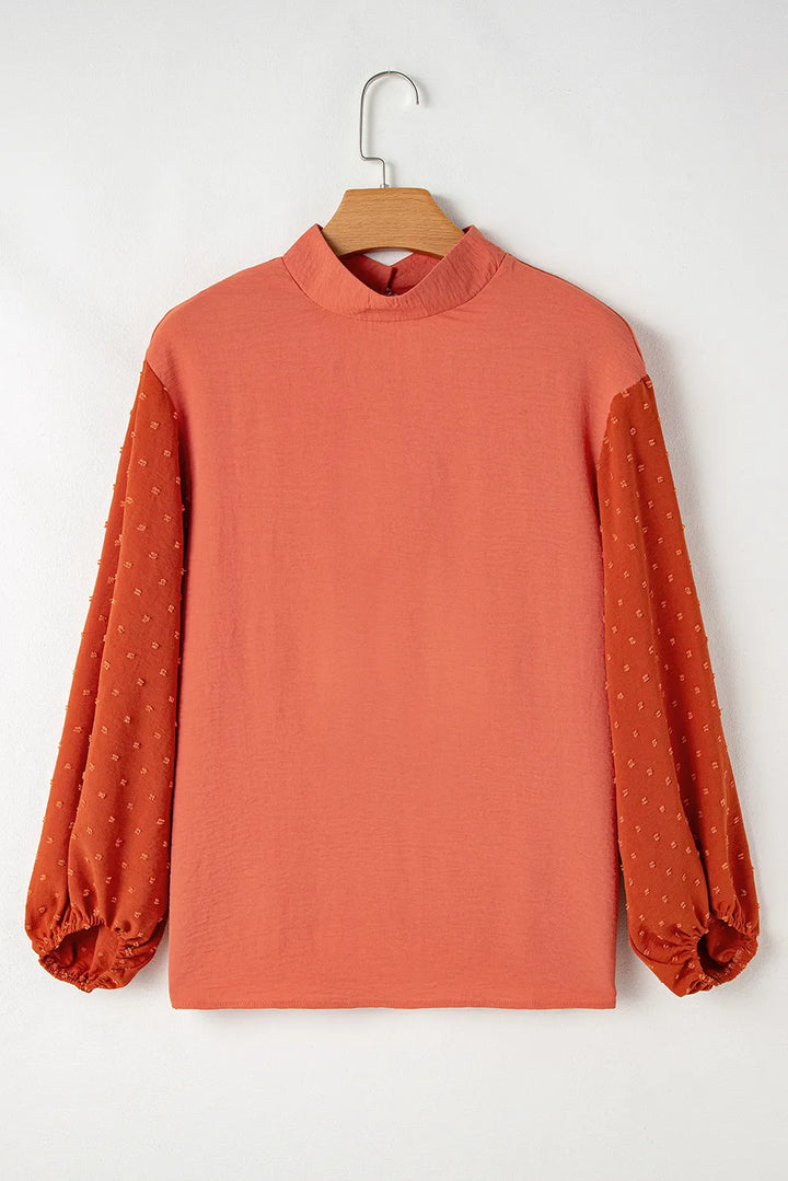 Swiss Dot Mock Neck Balloon Sleeve Blouse