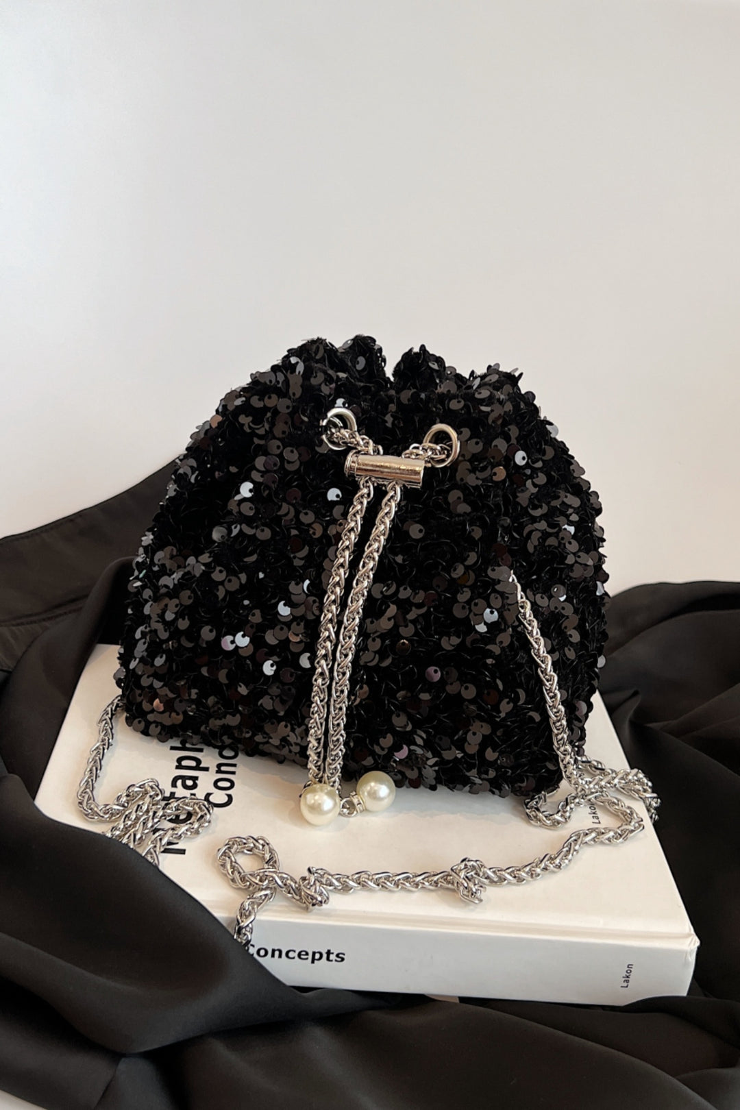 Sequin Chain Drawstring Bucket Bag