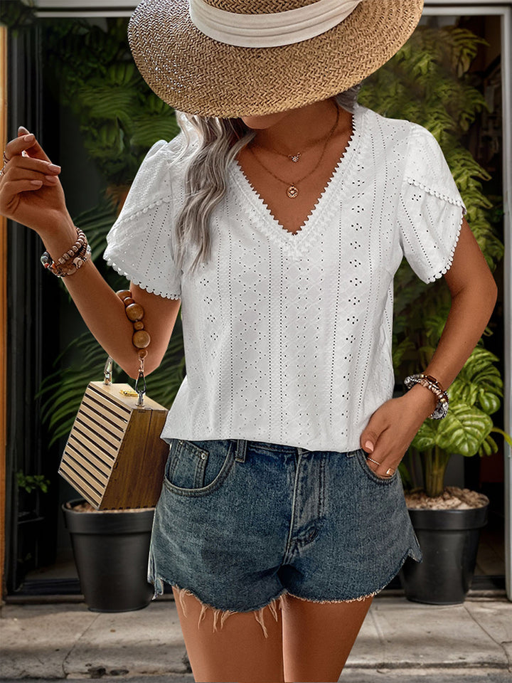 Eyelet V-Neck Petal Sleeve Blouse