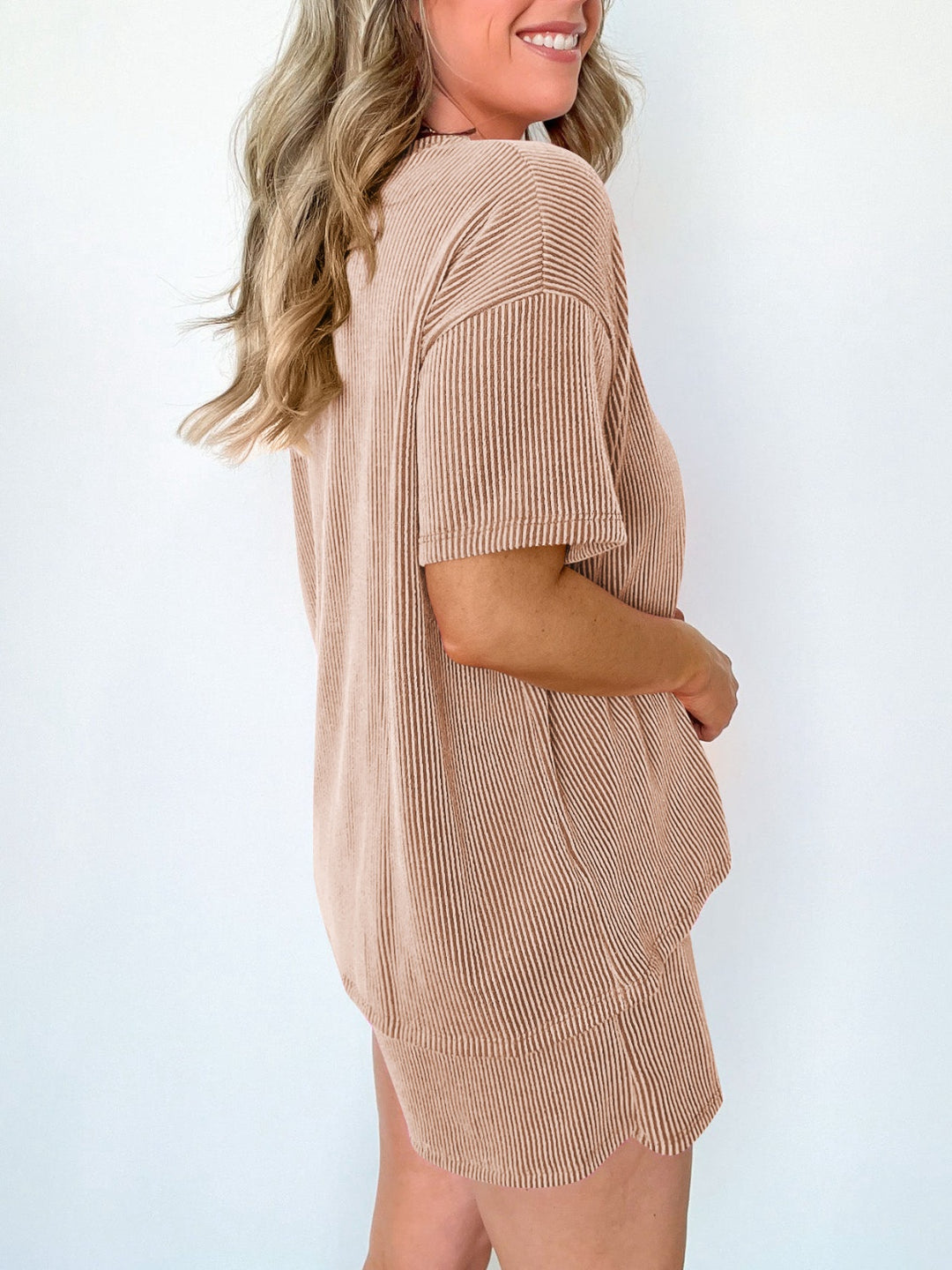 Textured Round Neck Short Sleeve Top and Shorts Set