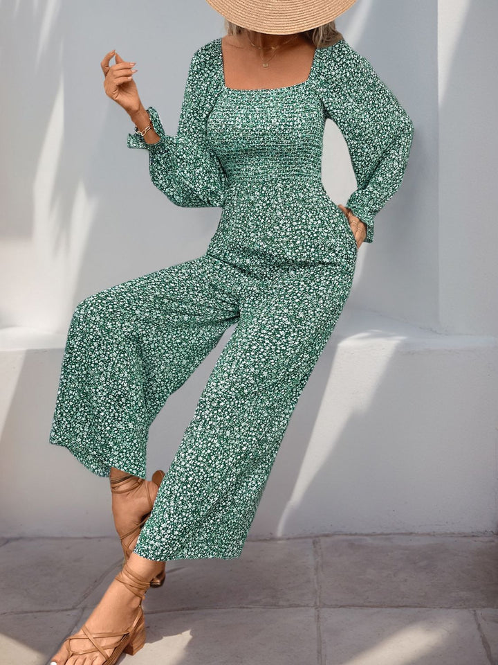 Perfee Smocked Printed Long Sleeve Wide Leg Jumpsuit