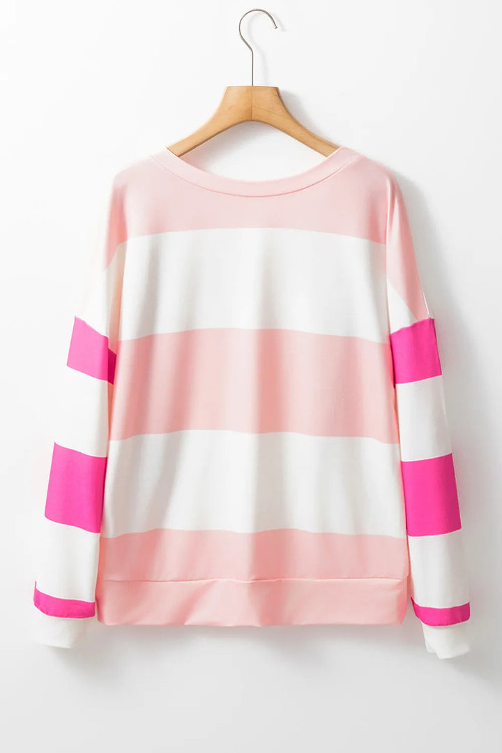 Contrast Color Block Round Neck Long Sleeve Top