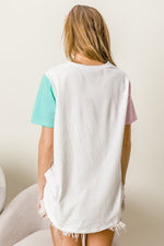 BiBi Letter Patch V-Neck Color Block Short Sleeve T-Shirt