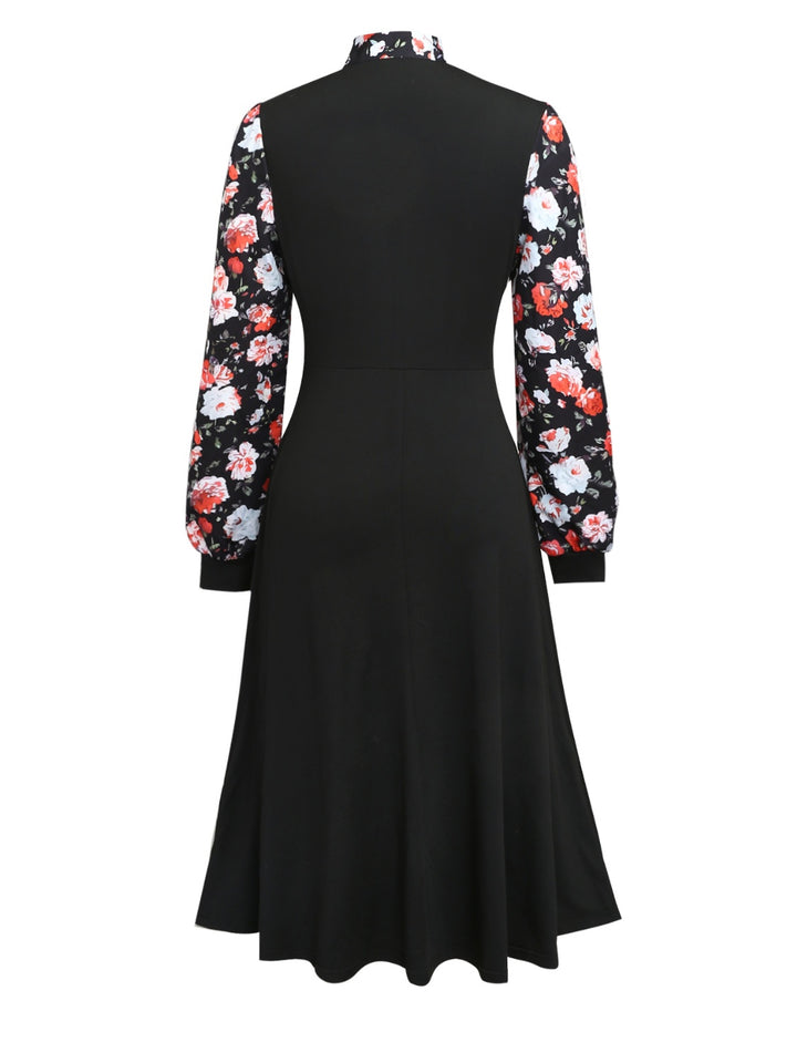 Printed Tie Neck Long Sleeve Midi Dress