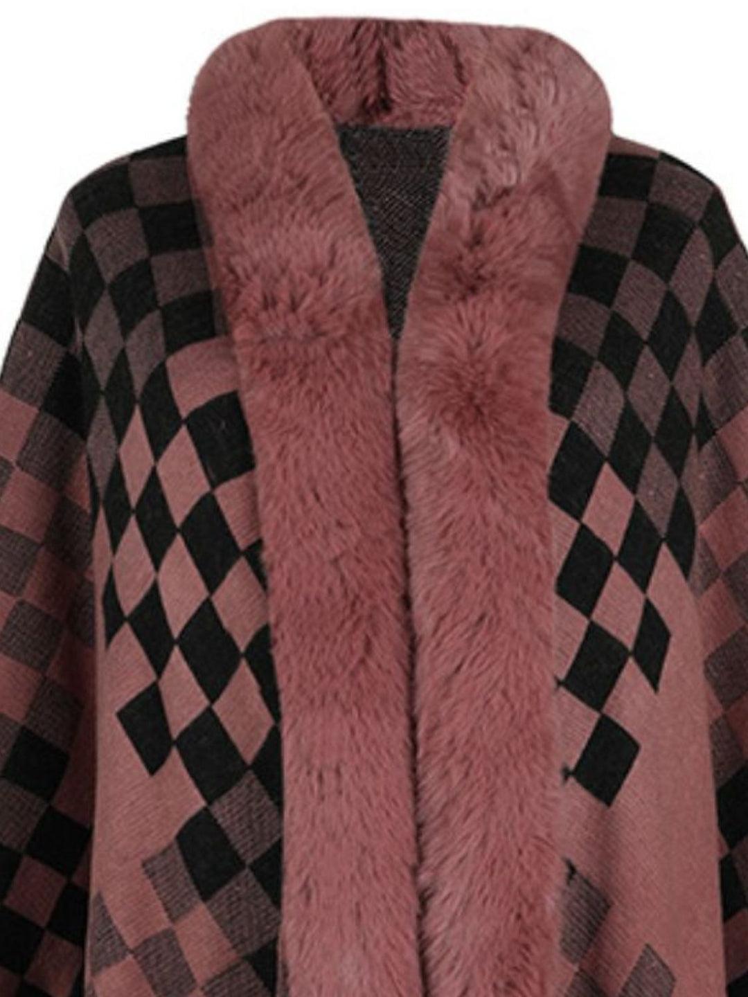 Fuzzy Checkered Long Sleeve Poncho