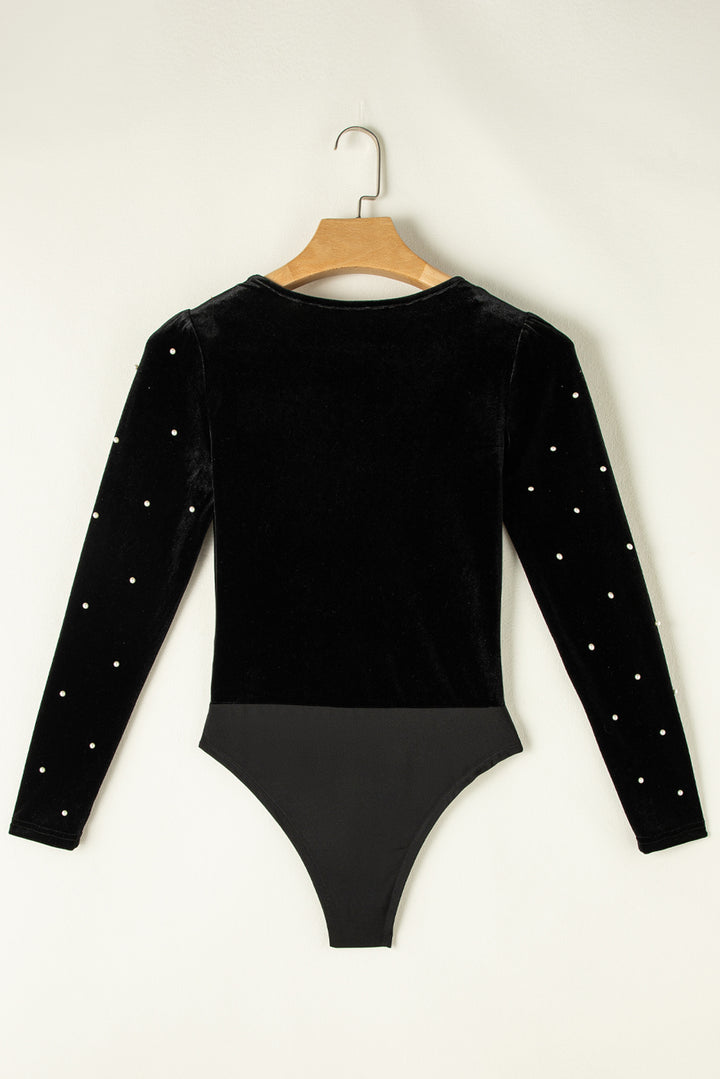 Pearl Detail Velvet V-Neck Long Sleeve Bodysuit