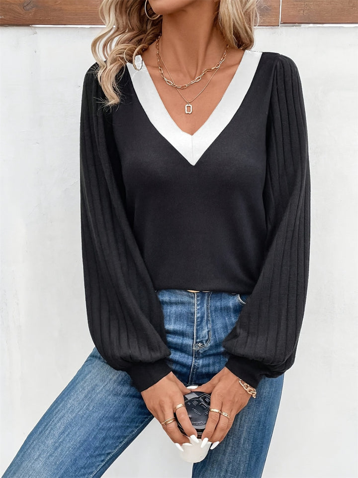 Contrast V-Neck Long Sleeve T-Shirt