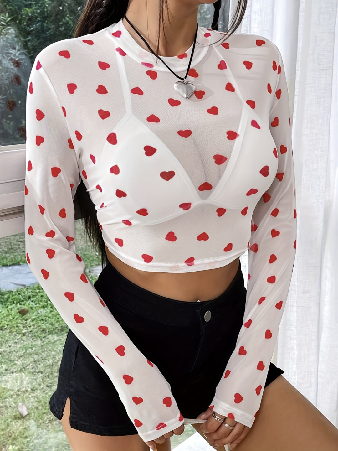 Heart Round Neck Long Sleeve Sheer Top