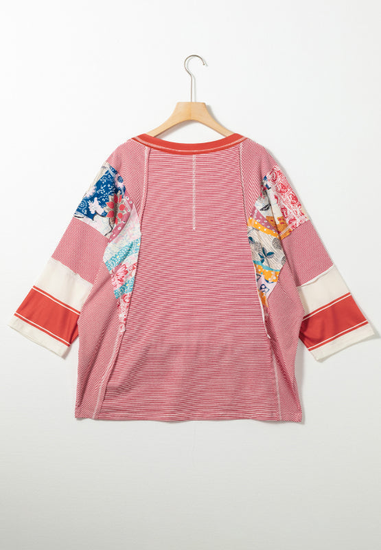 Striped Floral Patchwork Round Neck Top