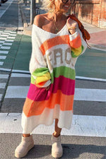 Color Block V-Neck Long Sleeve Sweater Dress
