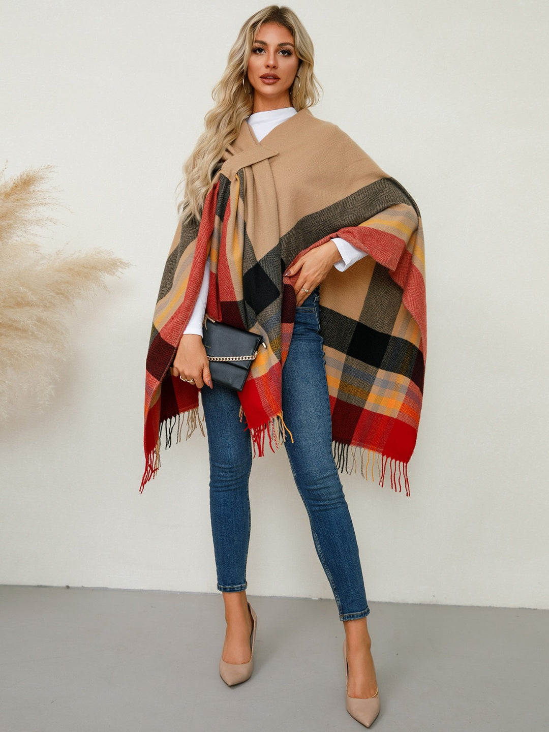 Fringe Contrast Plaid Poncho