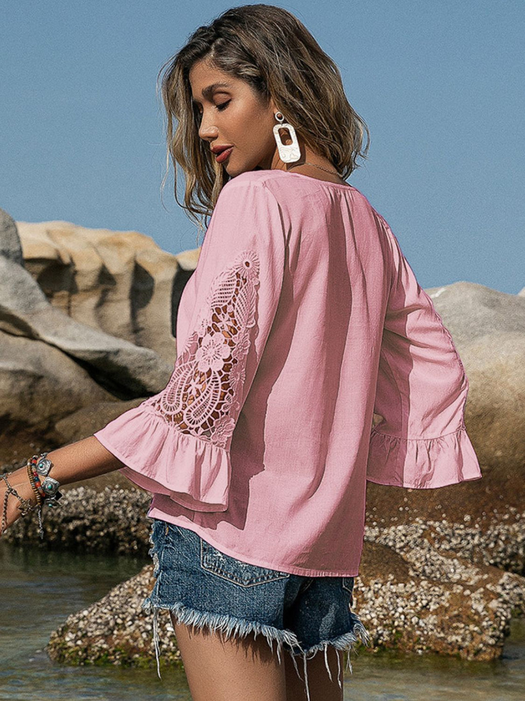 V-Neck Lace Flounce Sleeve Blouse