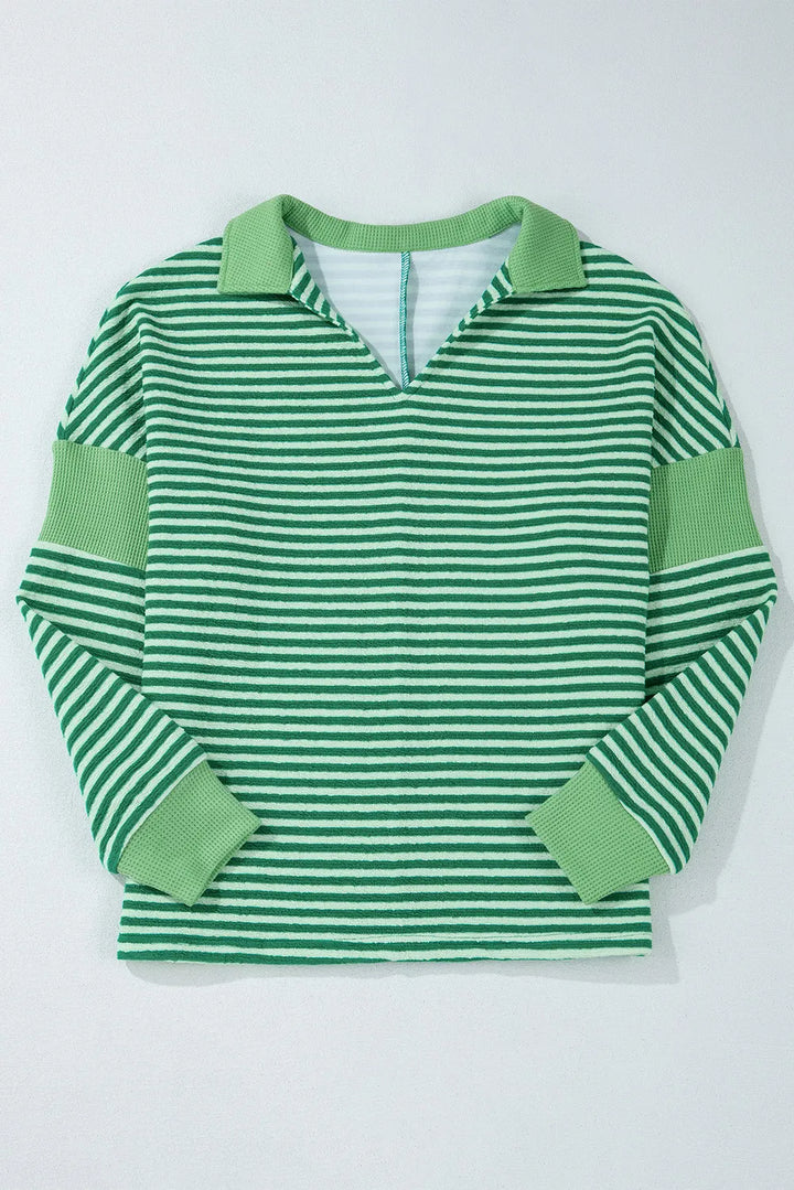 Striped Johnny Collar Long Sleeve Top