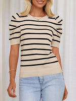 Striped Round Neck Puff Sleeve Knit Top