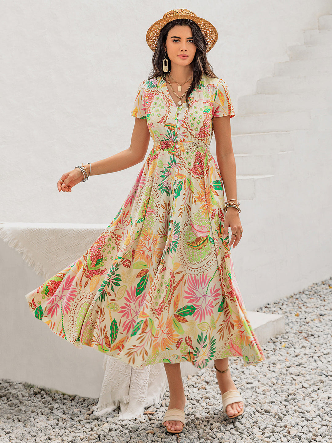 Printed V-Neck Short Sleeve Midi Dress