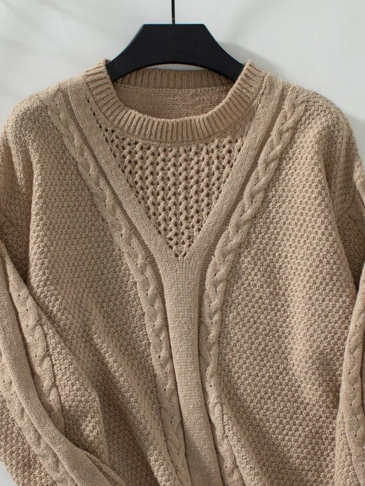 Openwork Cable-Knit Round Neck Long Sleeve Sweater