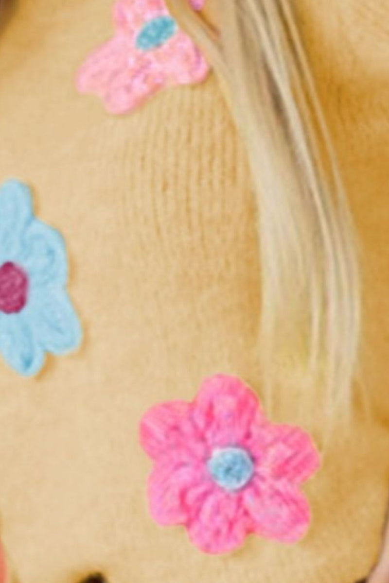 Flower Round Neck Short Sleeve Sweater