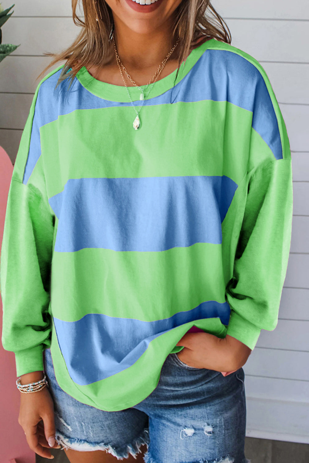 Color Block Round Neck Long Sleeve Top