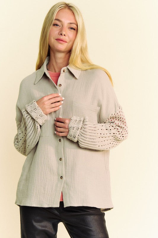 Davi & Dani Crochet Sleeve Crinkled Texture Shirt