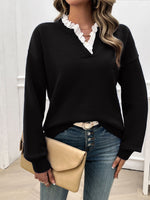 Lace Detail Notched Long Sleeve Sweater