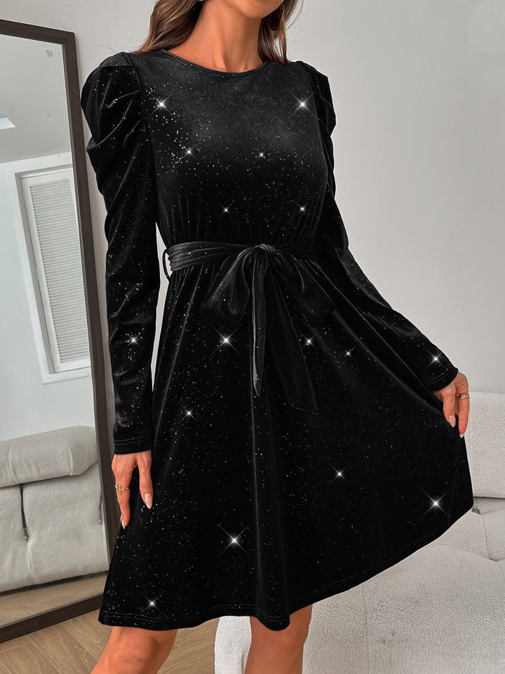 Glitter Round Neck Puff Sleeve Dress