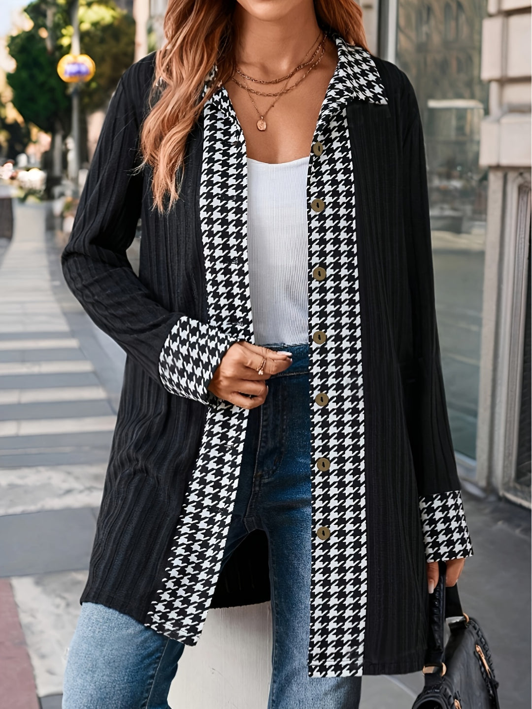 Houndstooth Button Up Long Sleeve Cardigan