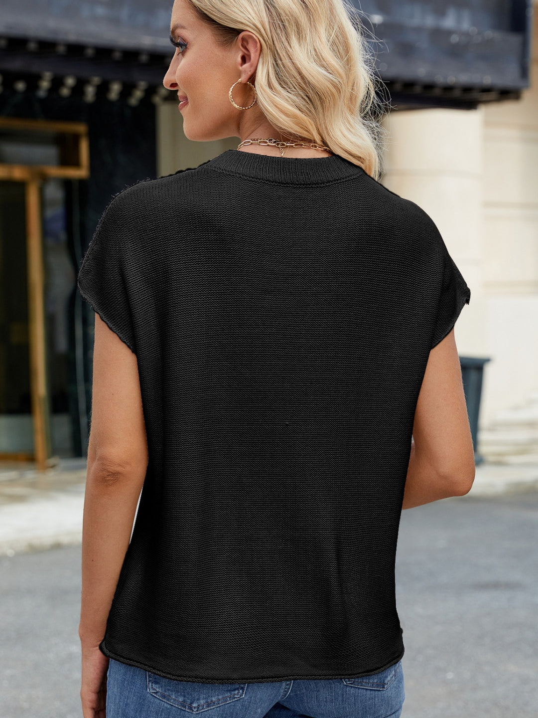 Exposed Seam Round Neck Short Sleeve Sweater