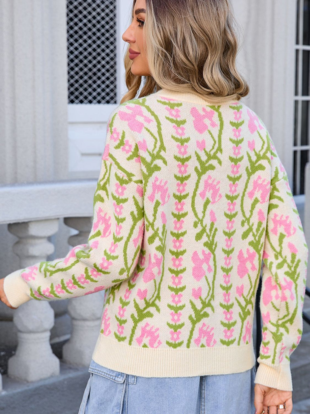 Flower Round Neck Long Sleeve Sweater