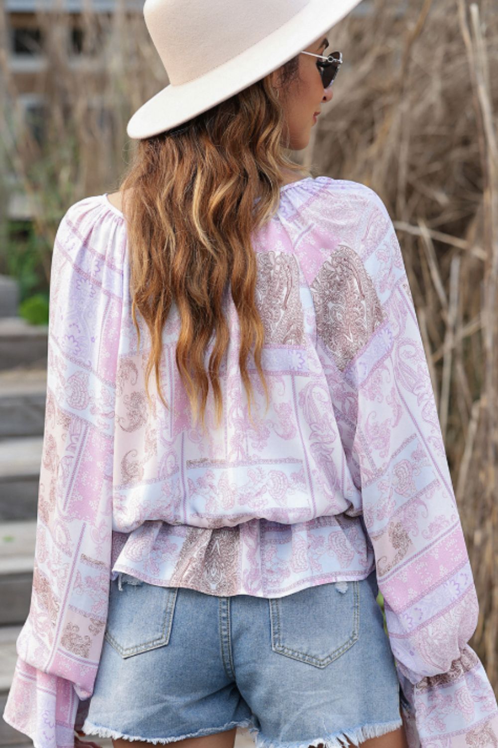 Printed Tie Neck Flounce Sleeve Blouse