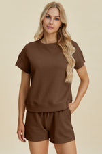 Double Take Full Size Texture Short Sleeve Top and Shorts Set