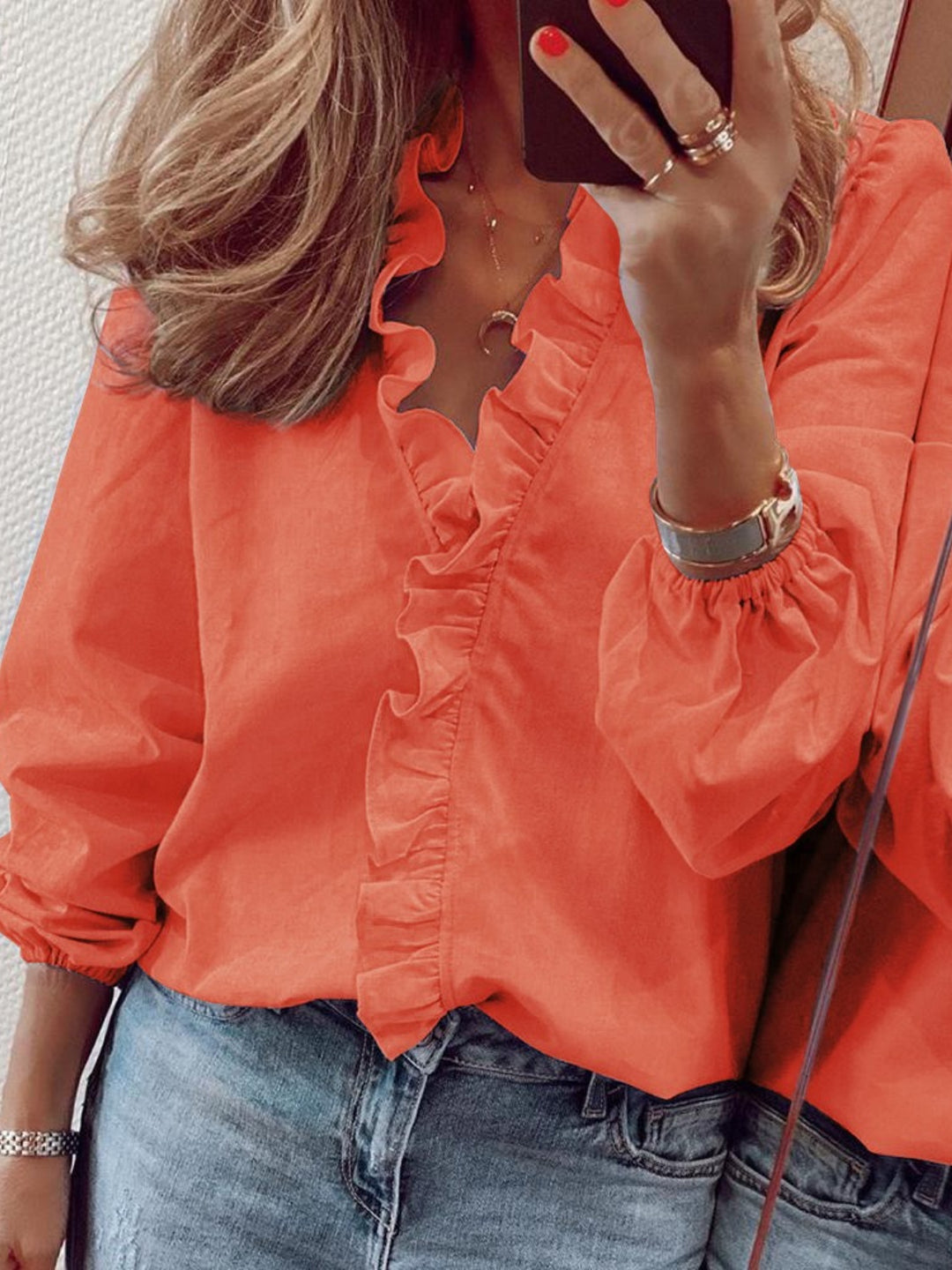 Full Size Ruffled V-Neck Long Sleeve Blouse