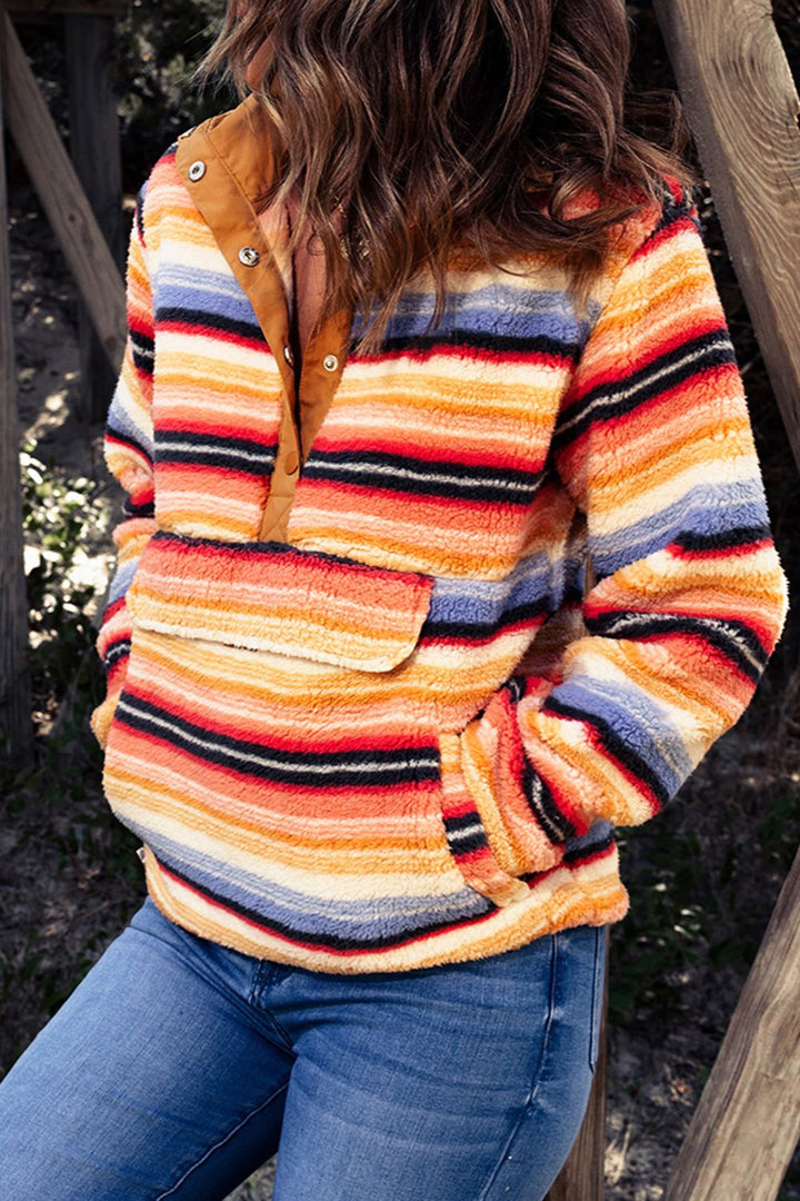 Contrast Striped Half Snap Long Sleeve Sweatshirt