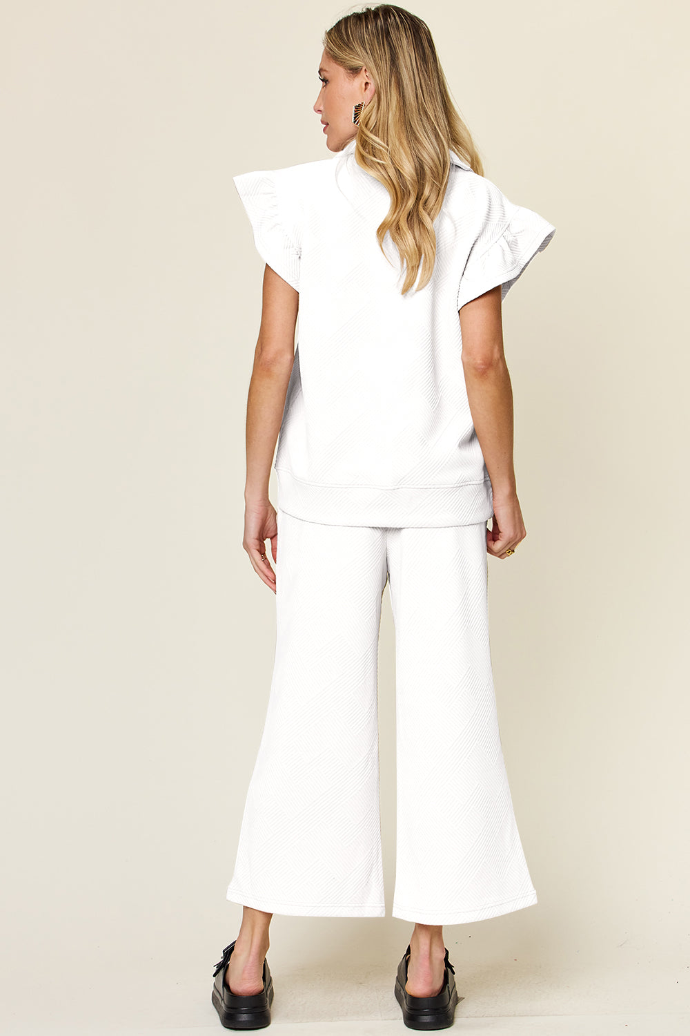 Double Take Texture Ruffle Short Sleeve Top and Drawstring Wide Leg Pants Set