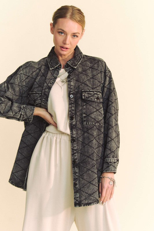 Davi & Dani Curved Hem Diamond Quilted Button Up Denim Shacket