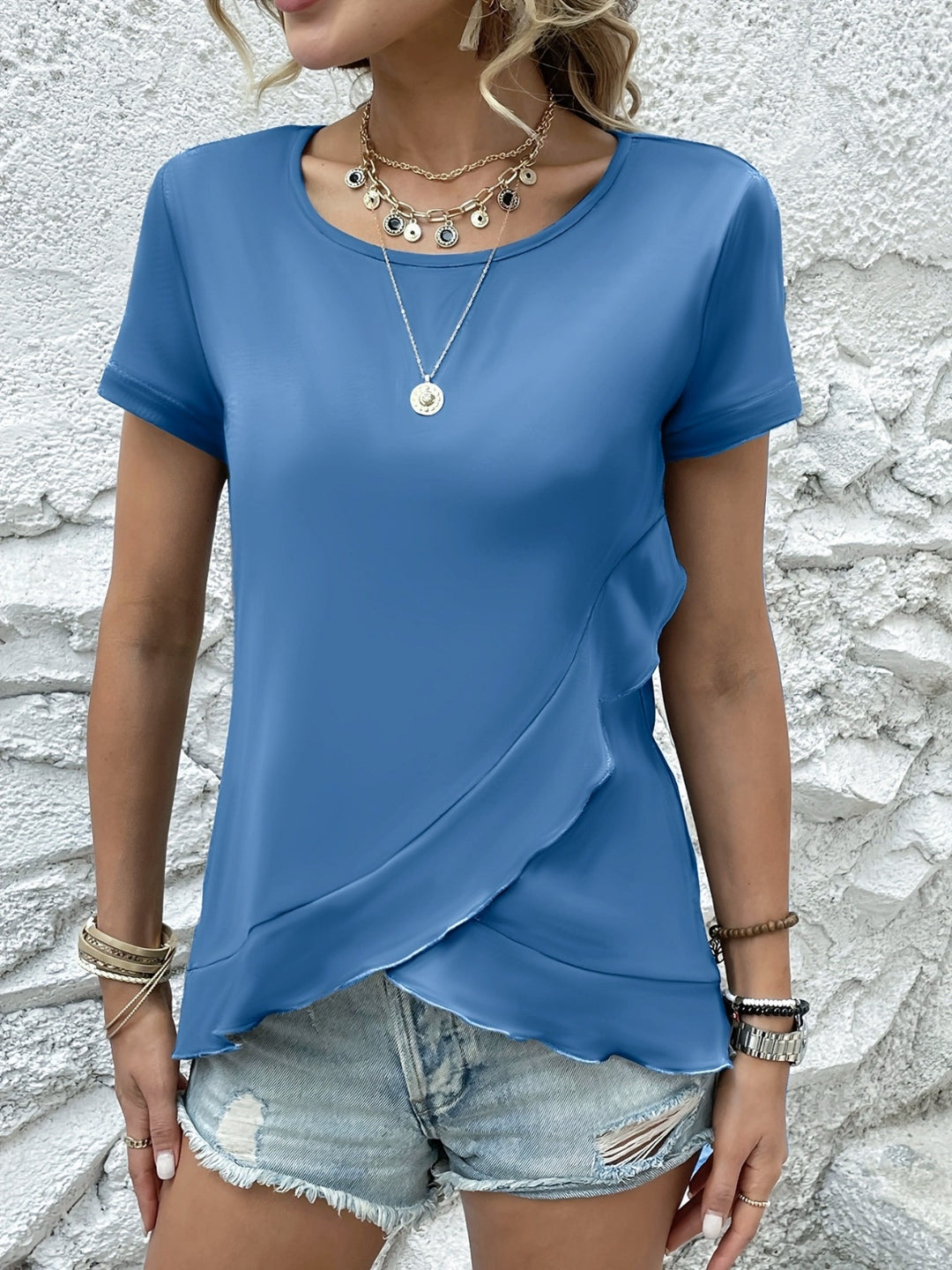 Ruffled Round Neck Short Sleeve Top