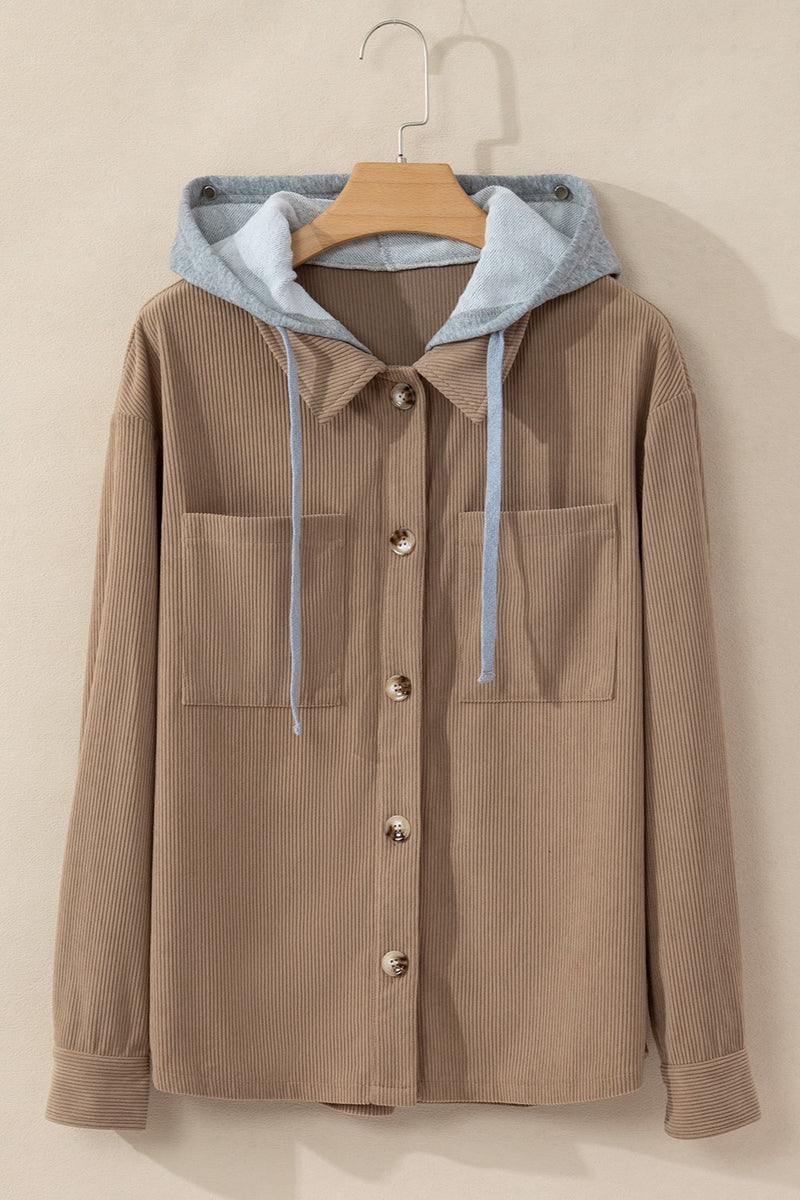 Drawstring Button Up Long Sleeve Hooded Jacket