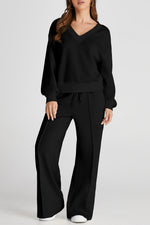 V-Neck Long Sleeve Top and Pants Active Set