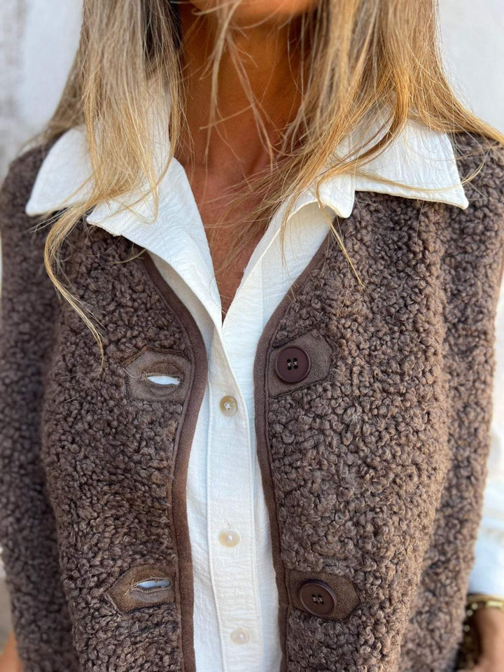 Full Size Pocketed Button Up V-Neck Sherpa Vest