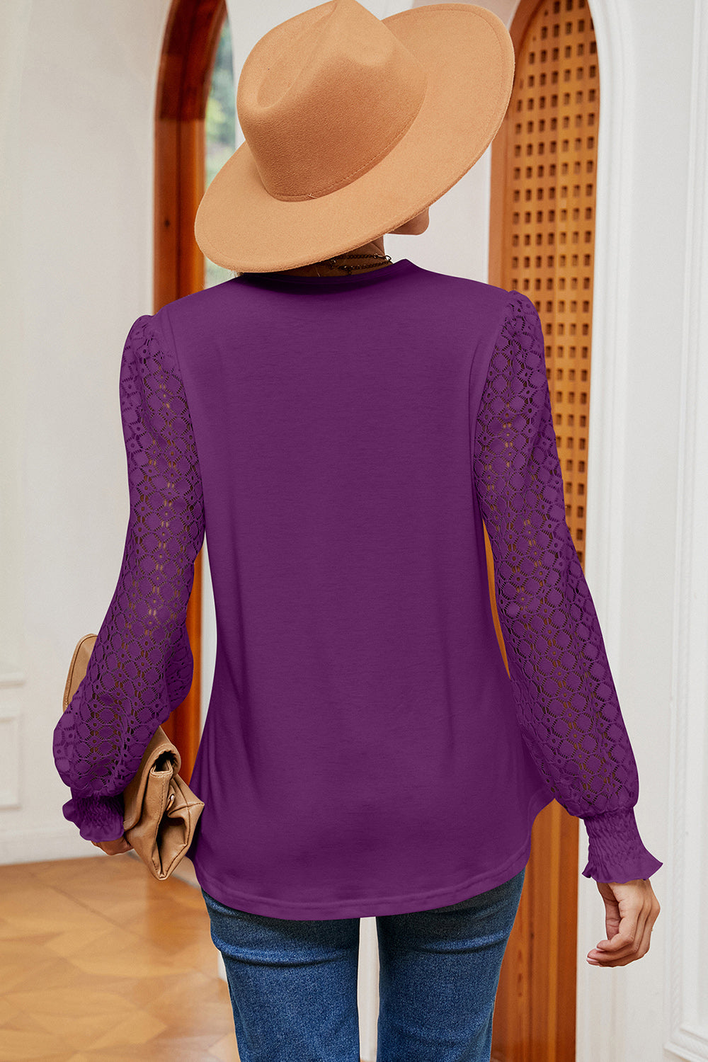 Openwork V-Neck Long Sleeve T-Shirt