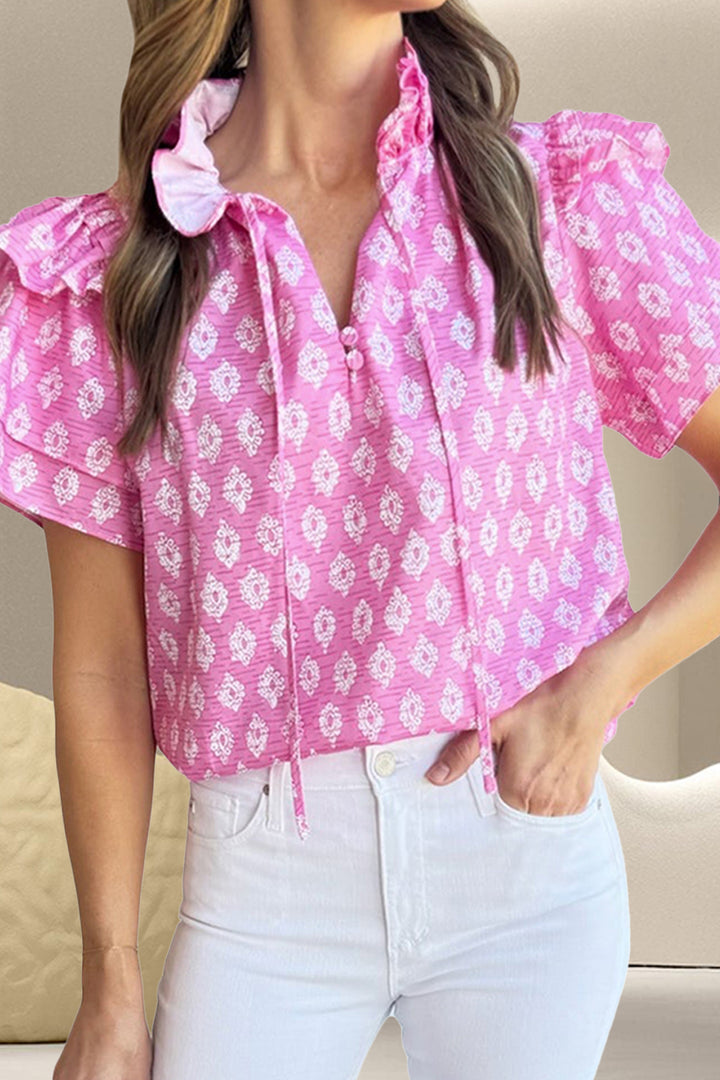 Ruffled Printed Tie Neck Short Sleeve Blouse