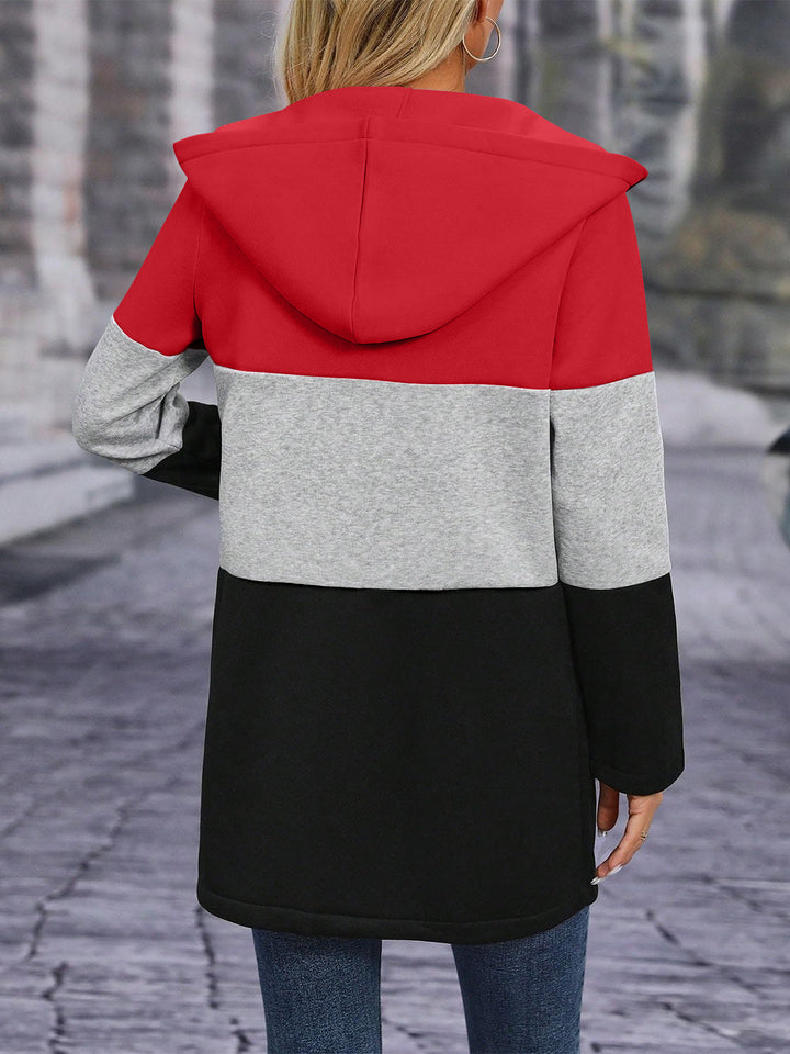 Color Block Zip Up Long Sleeve Hooded Outerwear