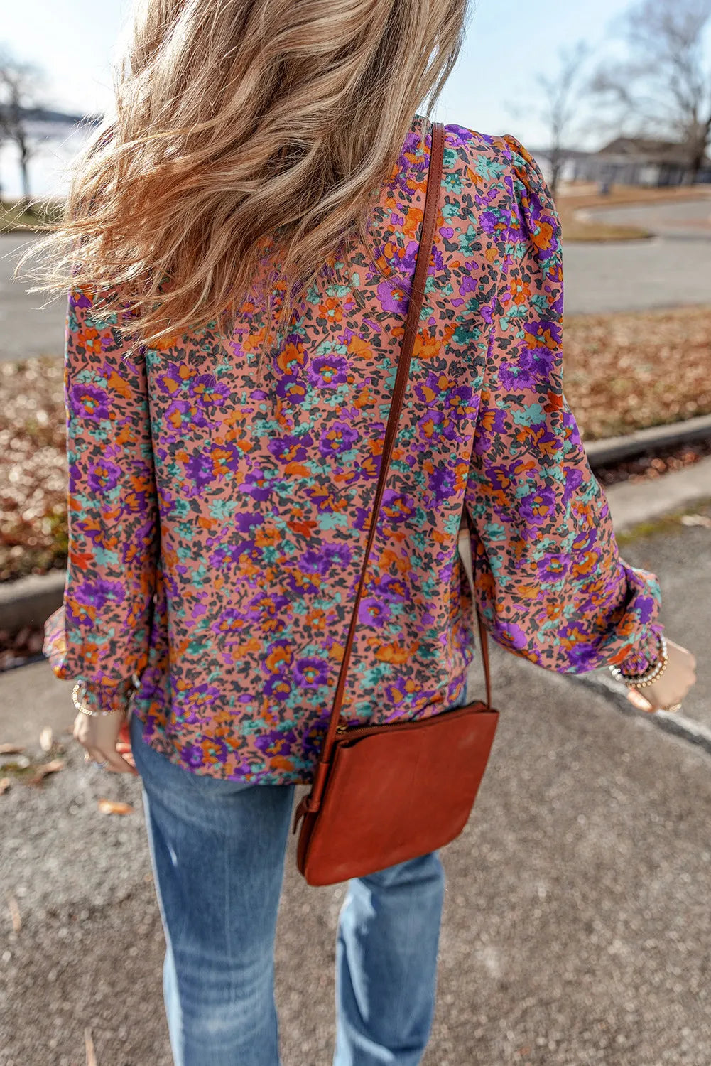 Floral Round Neck Long Sleeve Blouse